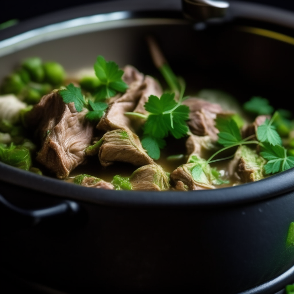 Photo of lamb with cilantro and lime in a crock pot, extremely sharp focus, bright studio lighting from the left, filling the frame