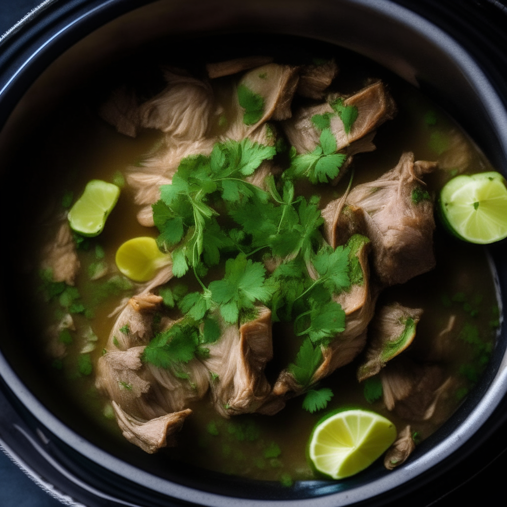 Photo of lamb with cilantro and lime in a crock pot, extremely sharp focus, bright studio lighting from above, filling the frame