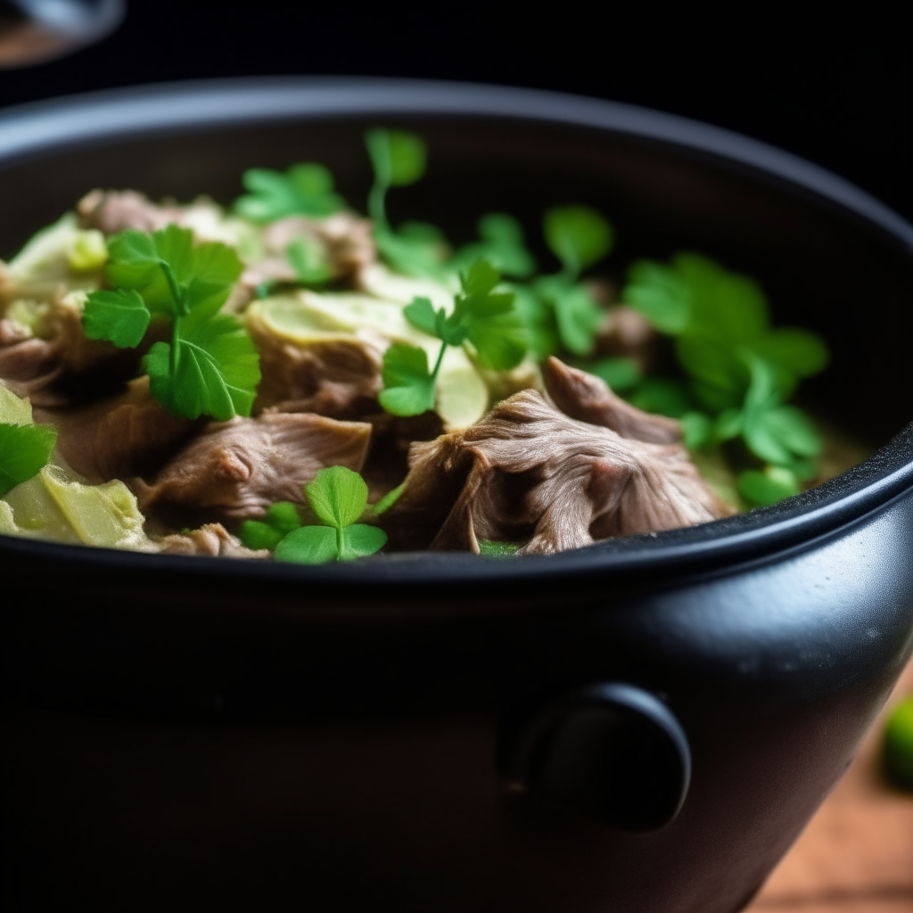 Photo of lamb with cilantro and lime in a crock pot, extremely sharp focus, bright studio lighting from the right, filling the frame