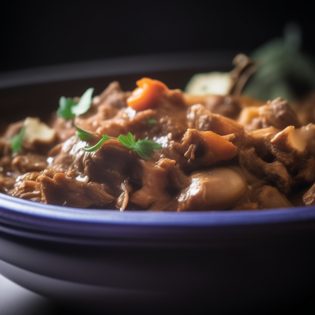 Photo of lamb and eggplant ragout in a crock pot, extremely sharp focus, bright studio lighting from the left, filling the frame