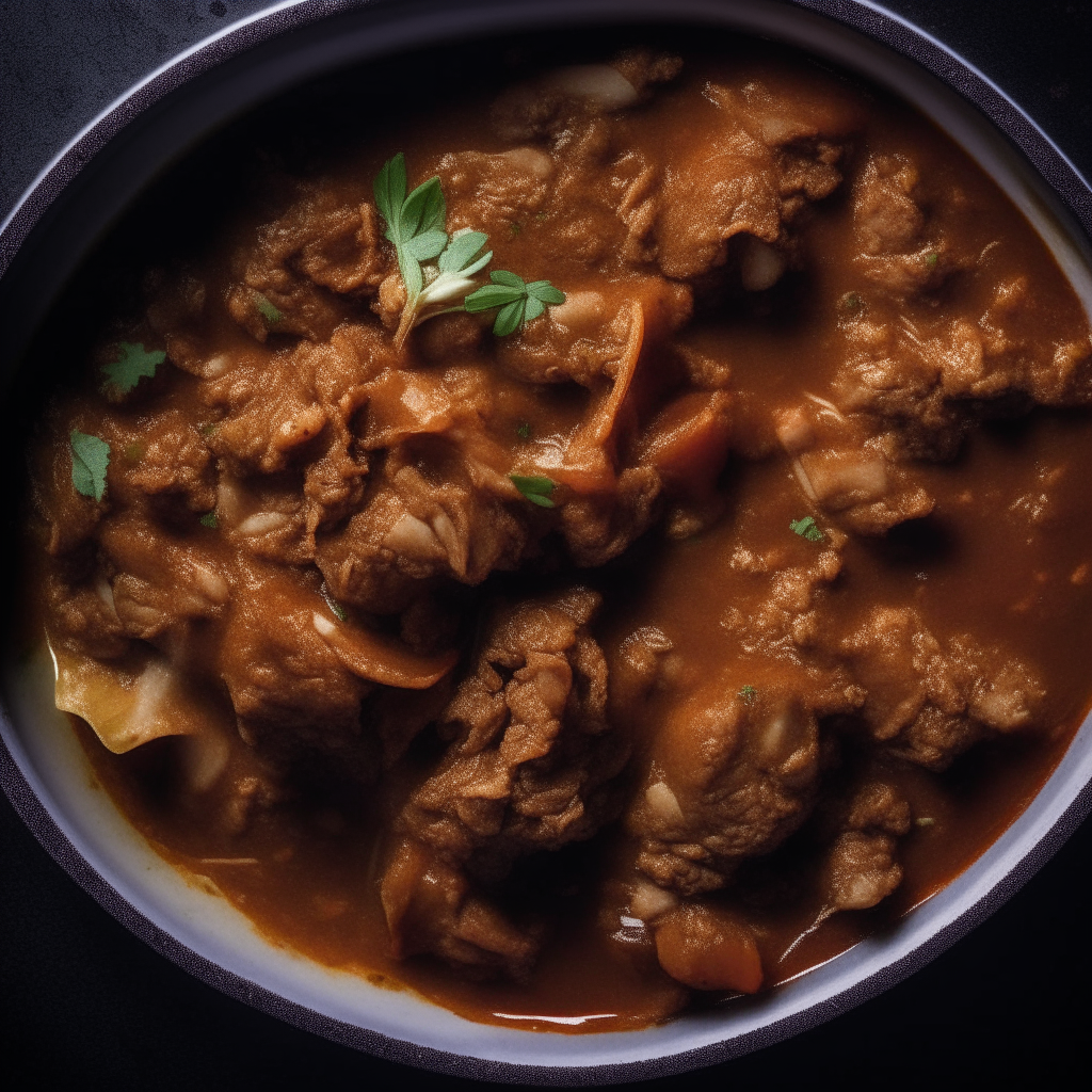 Photo of lamb and eggplant ragout in a crock pot, extremely sharp focus, bright studio lighting from above, filling the frame