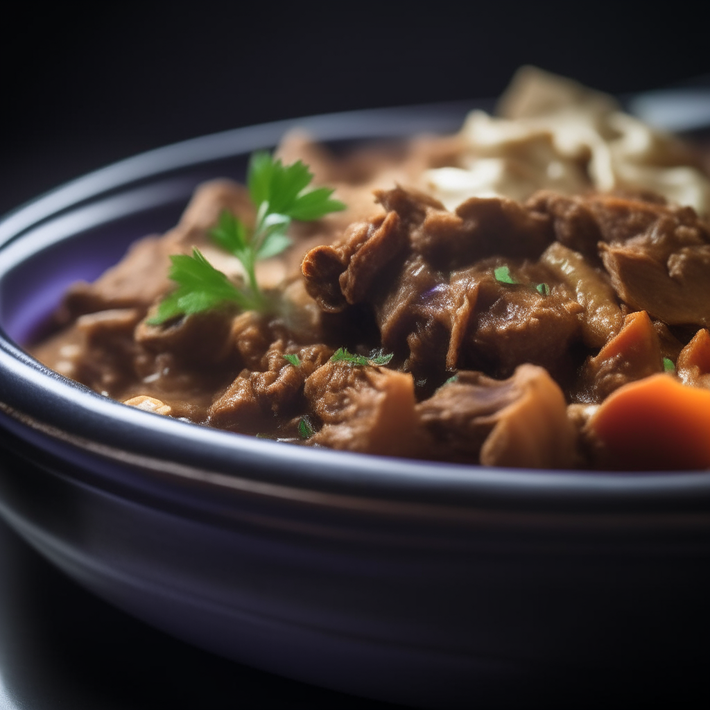 Photo of lamb and eggplant ragout in a crock pot, extremely sharp focus, bright studio lighting from the right, filling the frame