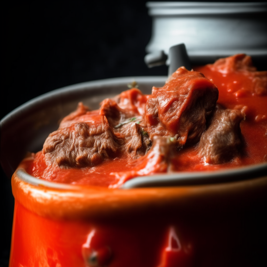 Photo of lamb with roasted red pepper sauce in a crock pot, extremely sharp focus, bright studio lighting from the left, filling the frame