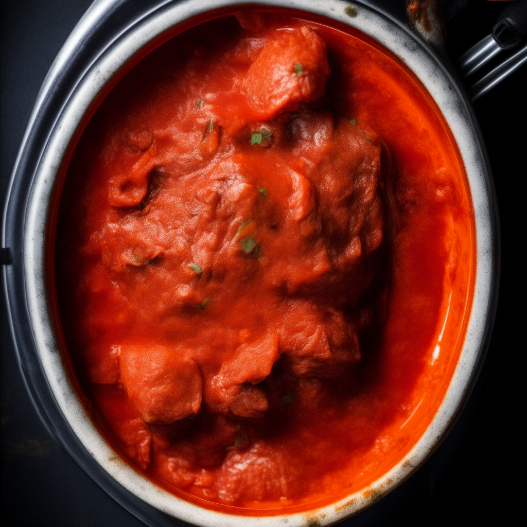 Photo of lamb with roasted red pepper sauce in a crock pot, extremely sharp focus, bright studio lighting from above, filling the frame