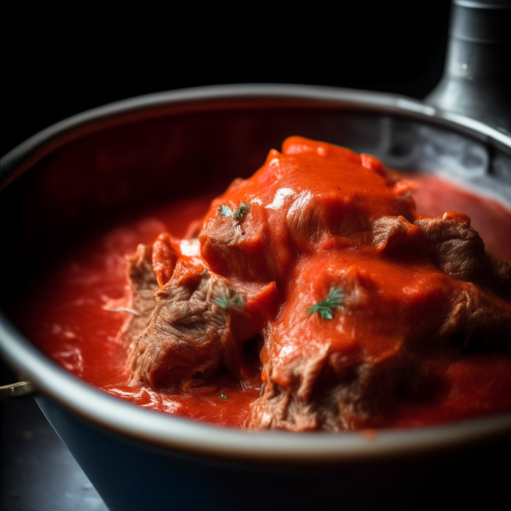 Photo of lamb with roasted red pepper sauce in a crock pot, extremely sharp focus, bright studio lighting from the right, filling the frame