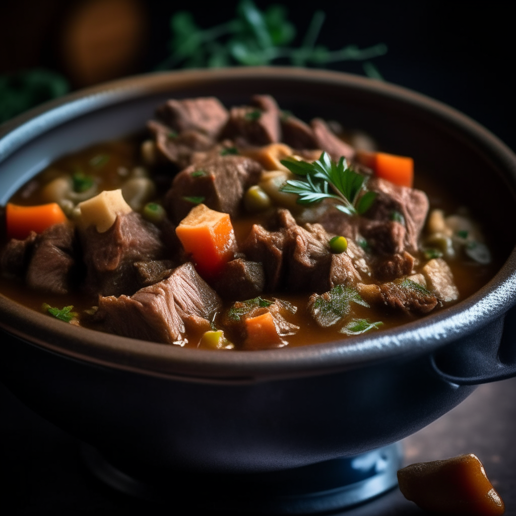 Photo of Greek-inspired lamb and olive stew in a crock pot, extremely sharp focus, bright studio lighting from the left, filling the frame