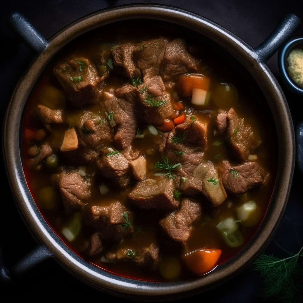 Photo of Greek-inspired lamb and olive stew in a crock pot, extremely sharp focus, bright studio lighting from above, filling the frame