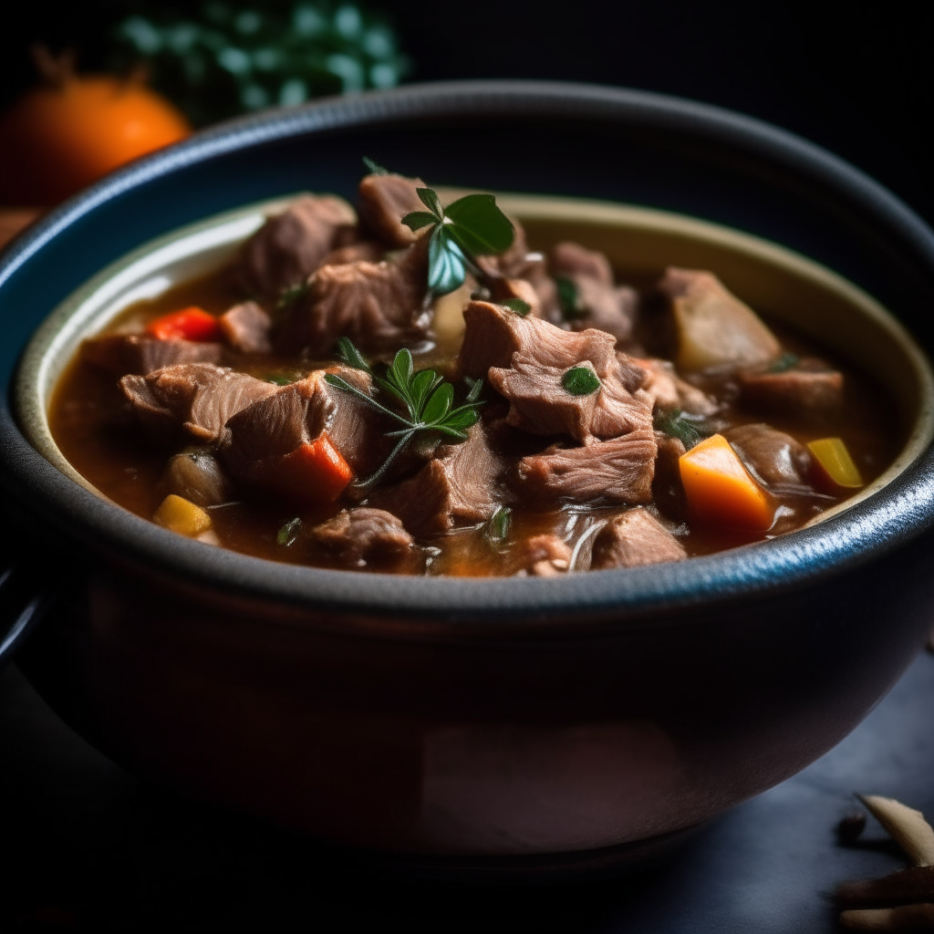 Photo of Greek-inspired lamb and olive stew in a crock pot, extremely sharp focus, bright studio lighting from the right, filling the frame