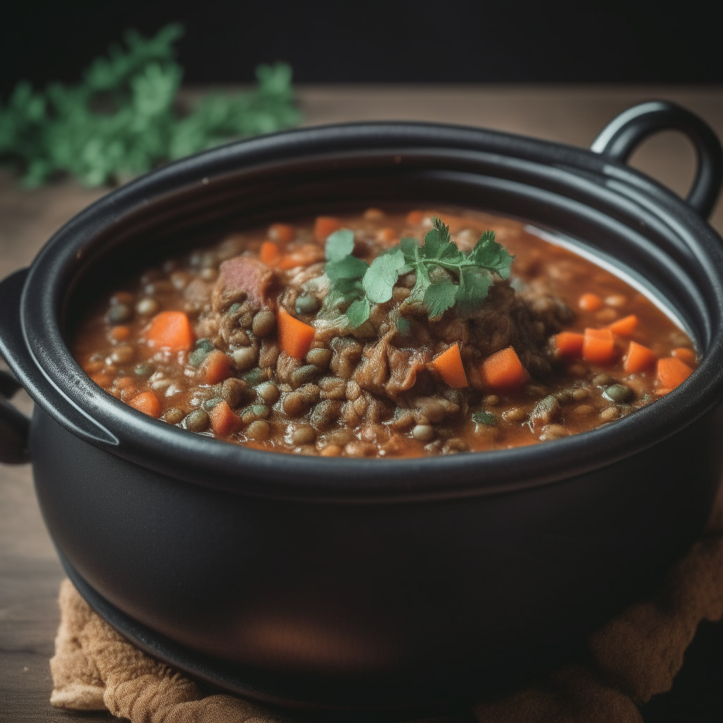 Photo of lamb and lentil stew in a crock pot, extremely sharp focus, bright studio lighting from the left, filling the frame