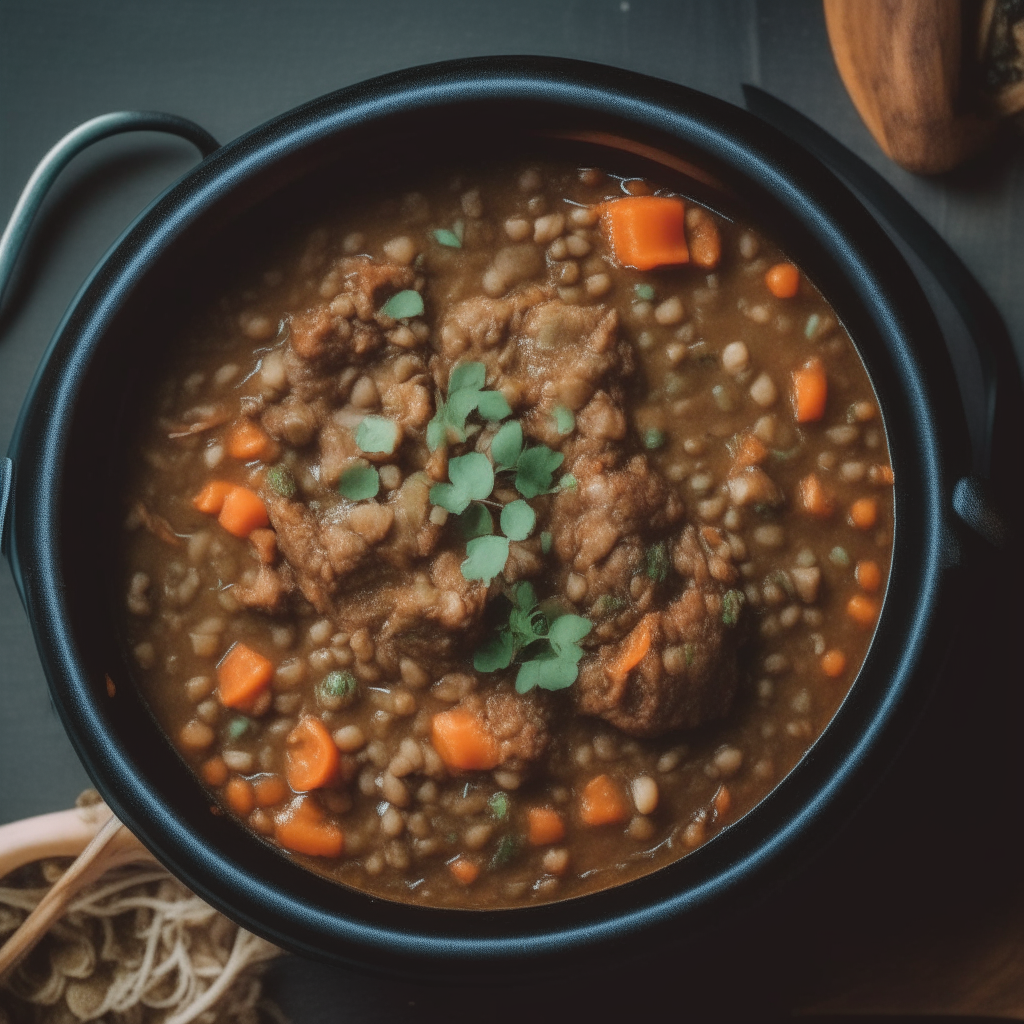 Photo of lamb and lentil stew in a crock pot, extremely sharp focus, bright studio lighting from above, filling the frame