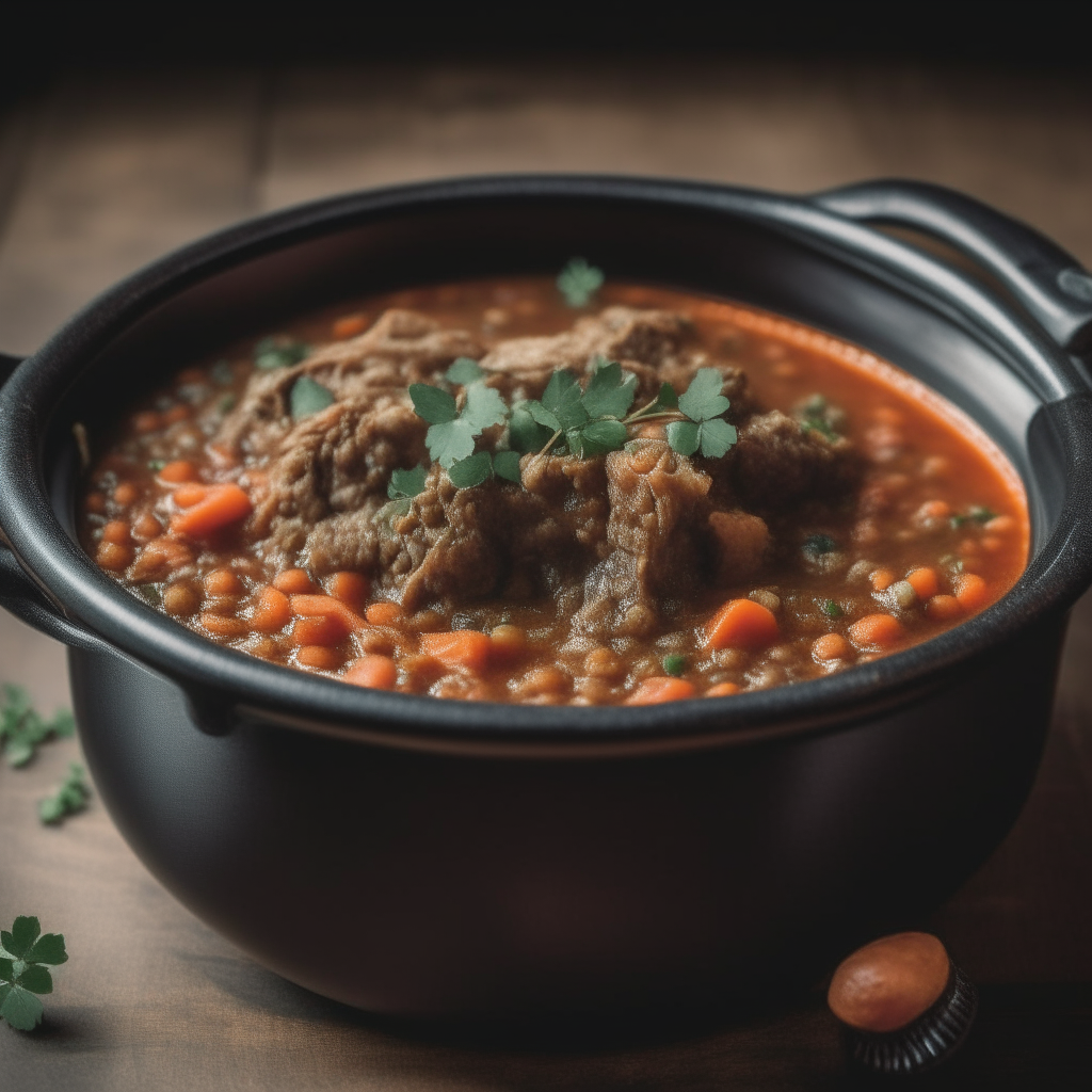 Photo of lamb and lentil stew in a crock pot, extremely sharp focus, bright studio lighting from the right, filling the frame