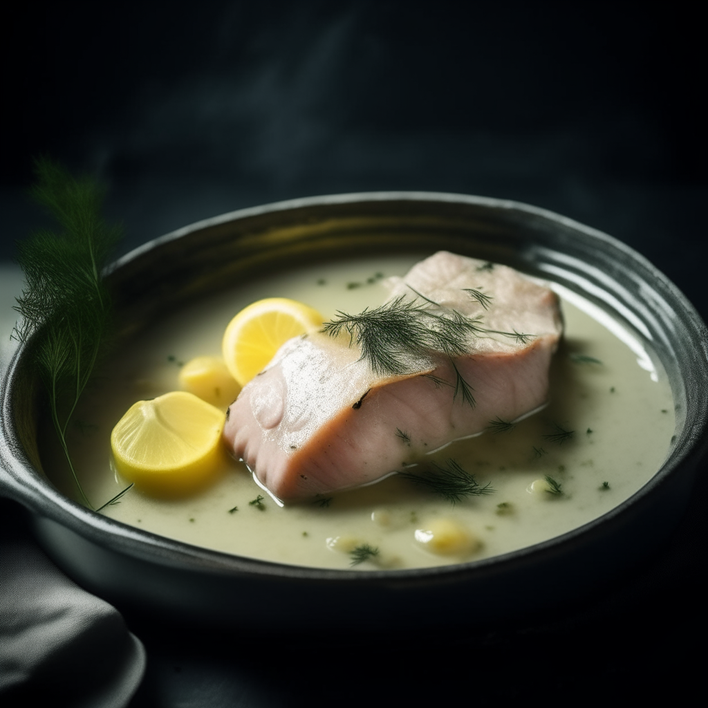 Photo of cod with lemon and dill sauce in a crock pot, extremely sharp focus, bright studio lighting from the left, filling the frame