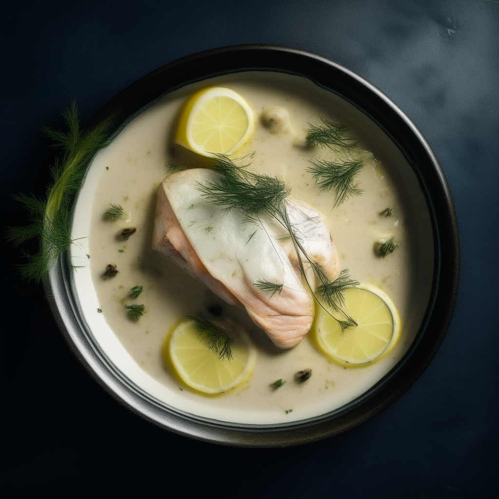 Photo of cod with lemon and dill sauce in a crock pot, extremely sharp focus, bright studio lighting from above, filling the frame