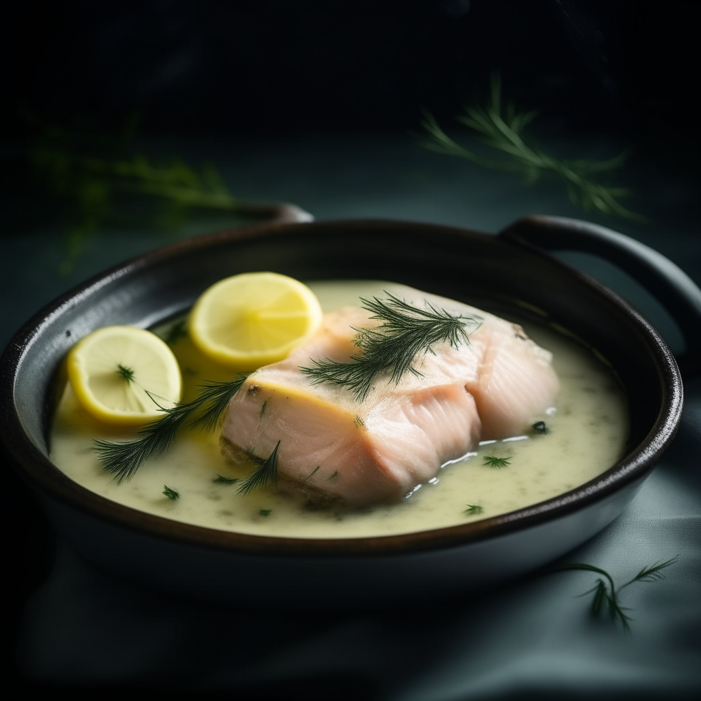 Photo of cod with lemon and dill sauce in a crock pot, extremely sharp focus, bright studio lighting from the right, filling the frame