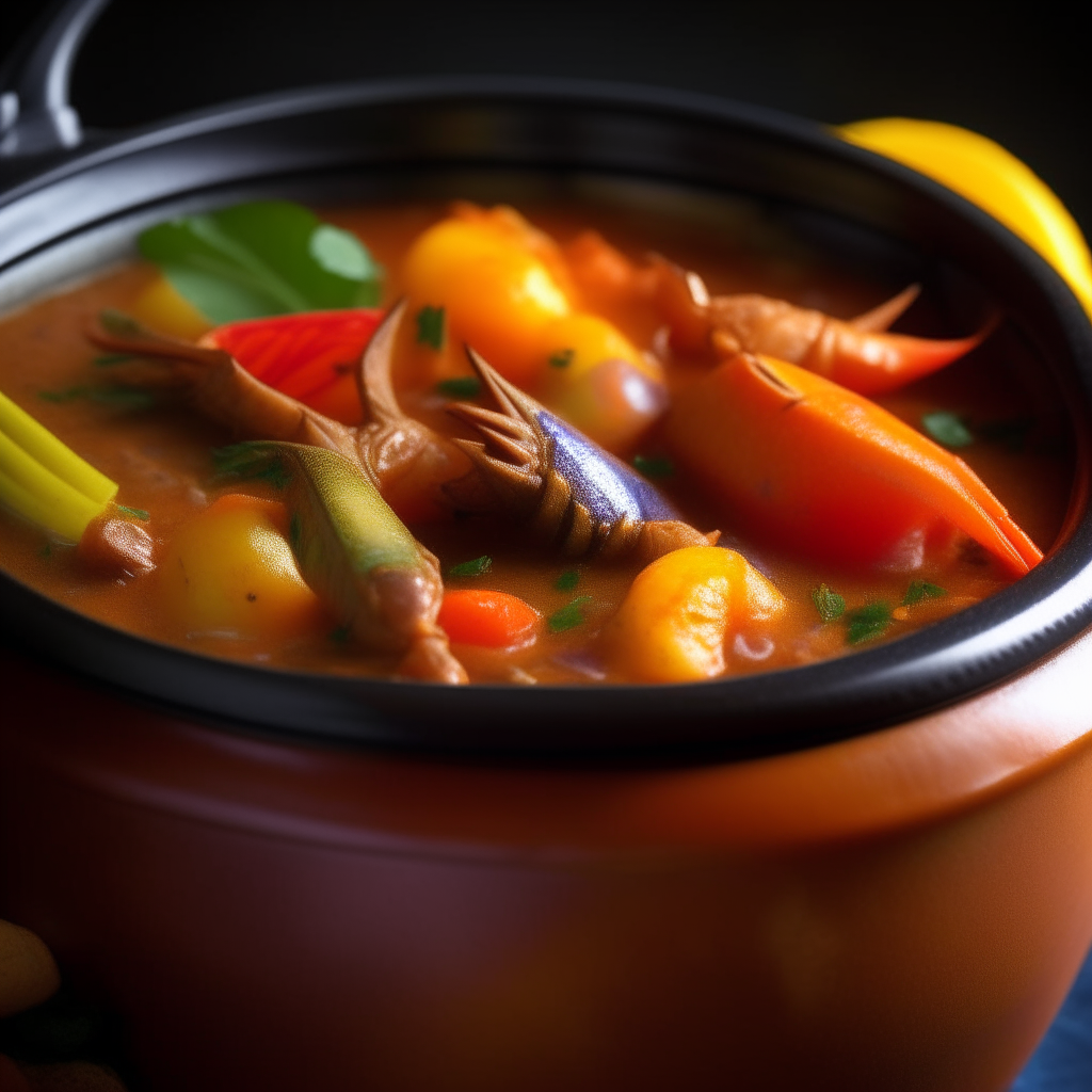 Photo of shrimp and vegetable curry in a crock pot, extremely sharp focus, bright studio lighting from the left, filling the frame