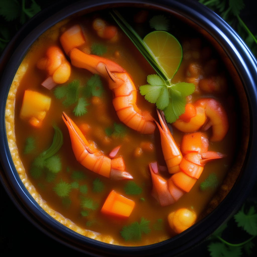 Photo of shrimp and vegetable curry in a crock pot, extremely sharp focus, bright studio lighting from above, filling the frame