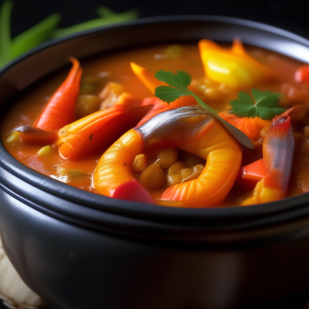 Photo of shrimp and vegetable curry in a crock pot, extremely sharp focus, bright studio lighting from the right, filling the frame