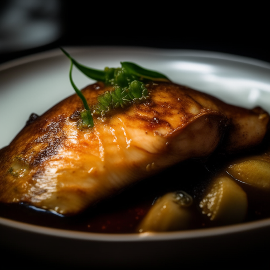 Photo of miso-glazed tilapia in a crock pot, extremely sharp focus, bright studio lighting from the left, filling the frame