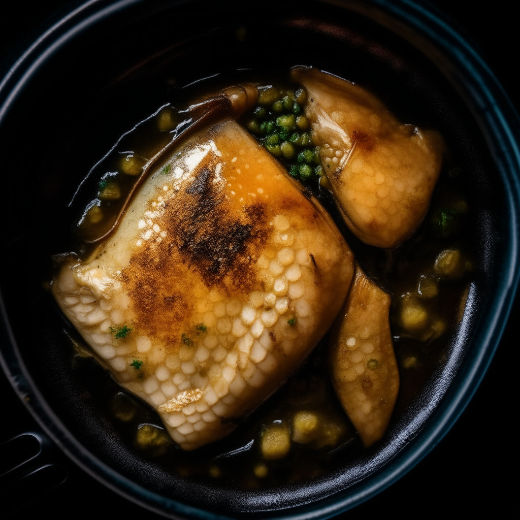 Photo of miso-glazed tilapia in a crock pot, extremely sharp focus, bright studio lighting from above, filling the frame