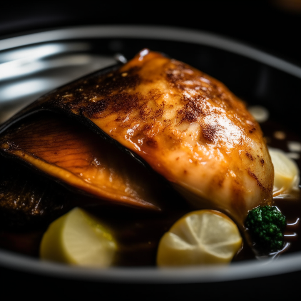 Photo of miso-glazed tilapia in a crock pot, extremely sharp focus, bright studio lighting from the right, filling the frame