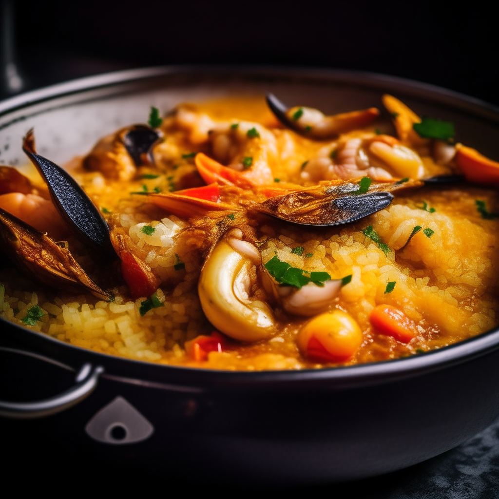 Photo of seafood paella with saffron in a crock pot, extremely sharp focus, bright studio lighting from the left, filling the frame