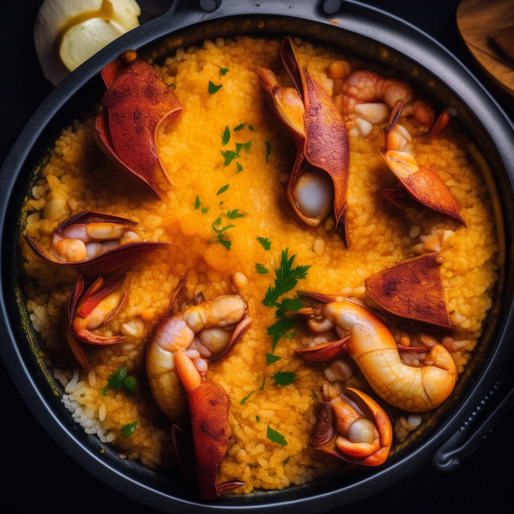 Photo of seafood paella with saffron in a crock pot, extremely sharp focus, bright studio lighting from above, filling the frame