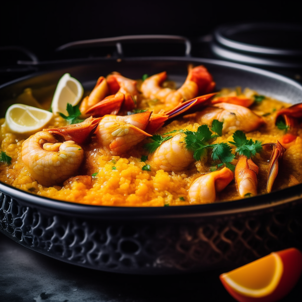 Photo of seafood paella with saffron in a crock pot, extremely sharp focus, bright studio lighting from the right, filling the frame