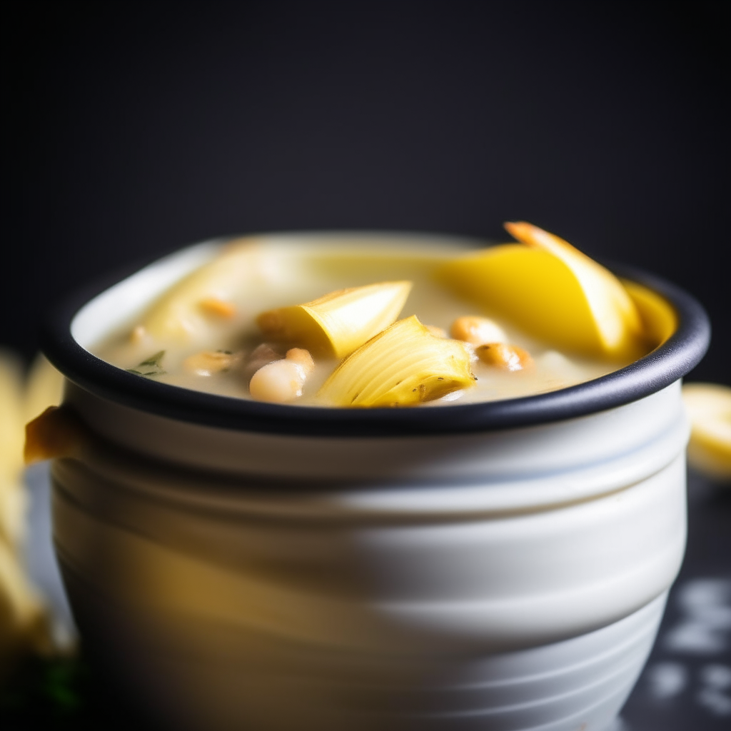 Photo of clam and corn chowder in a crock pot, extremely sharp focus, bright studio lighting from the left, filling the frame