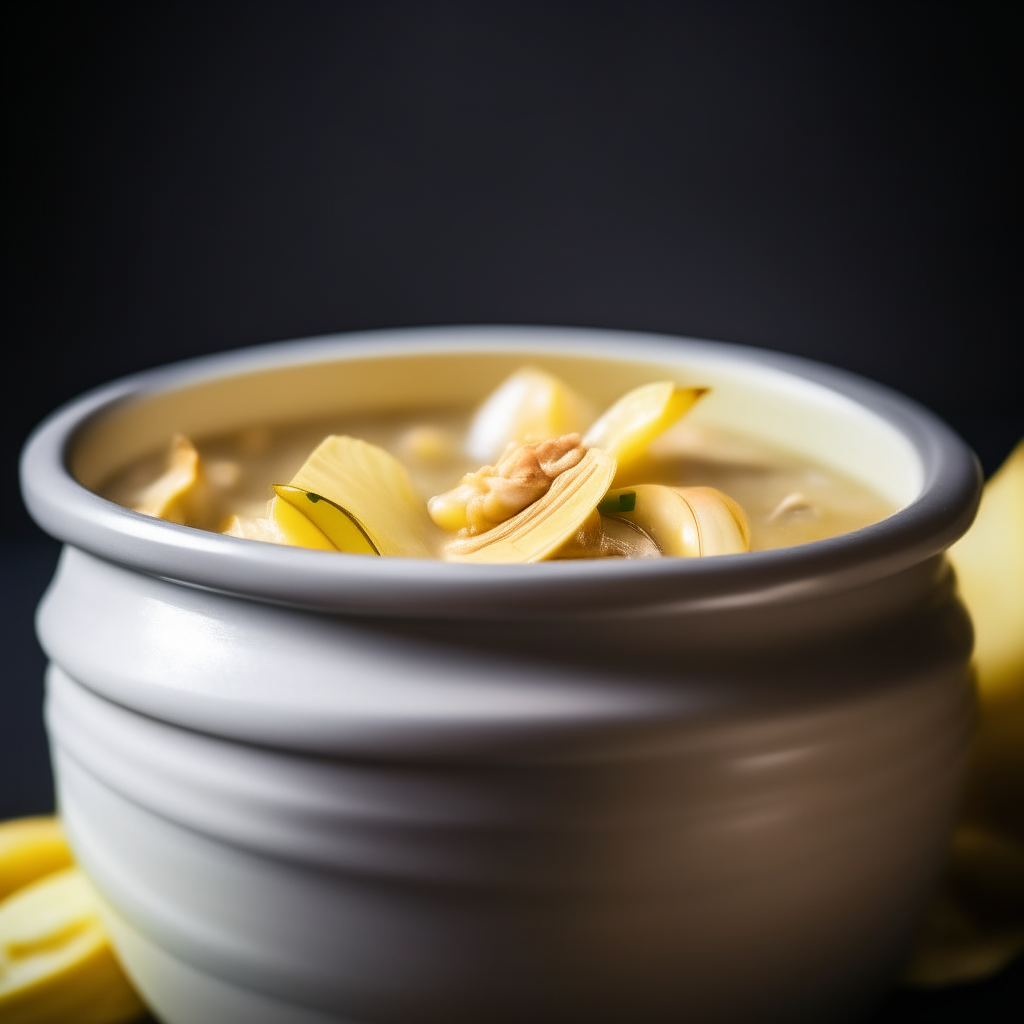 Photo of clam and corn chowder in a crock pot, extremely sharp focus, bright studio lighting from the right, filling the frame