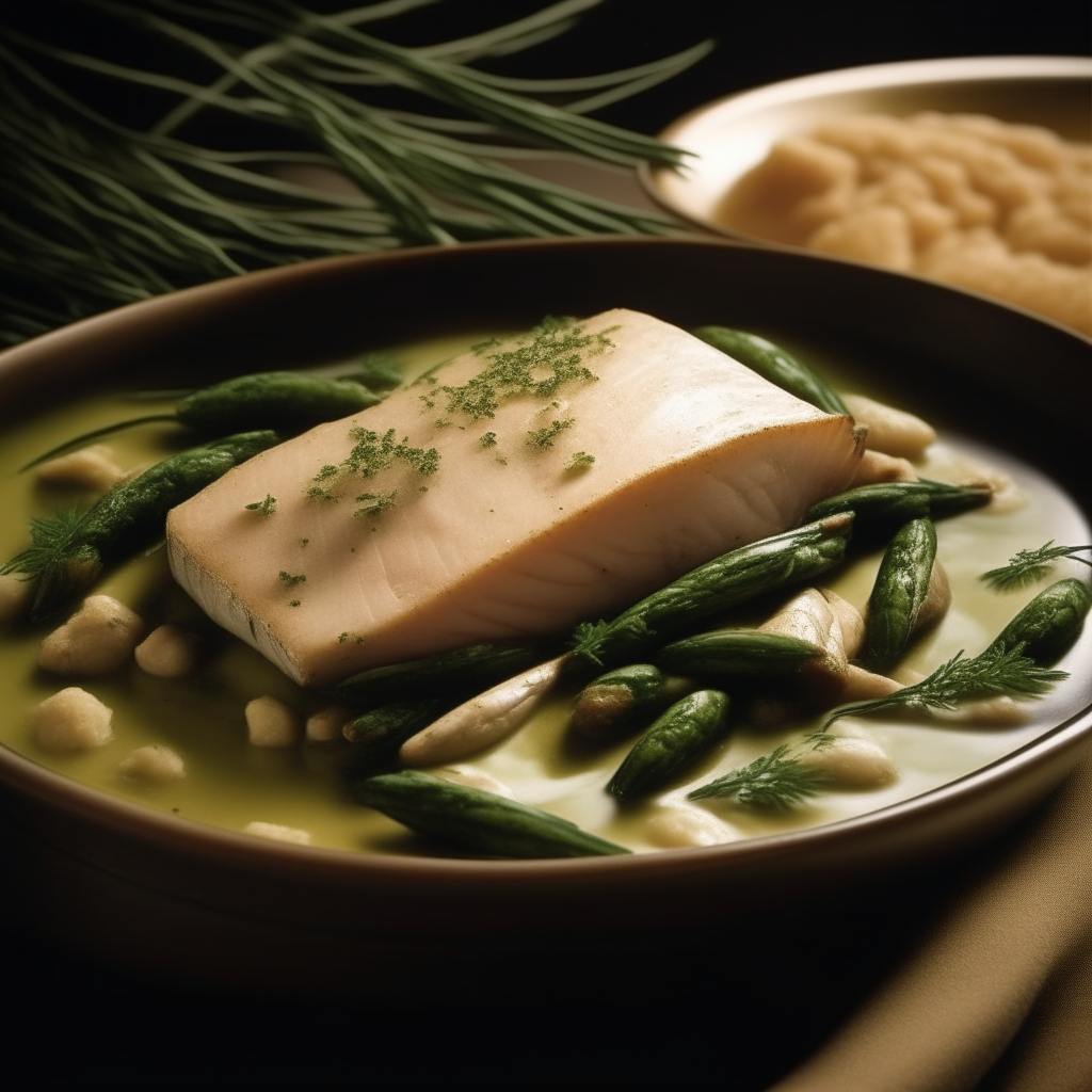 Photo of herbed halibut and green beans in a crock pot, extremely sharp focus, bright studio lighting from the left, filling the frame