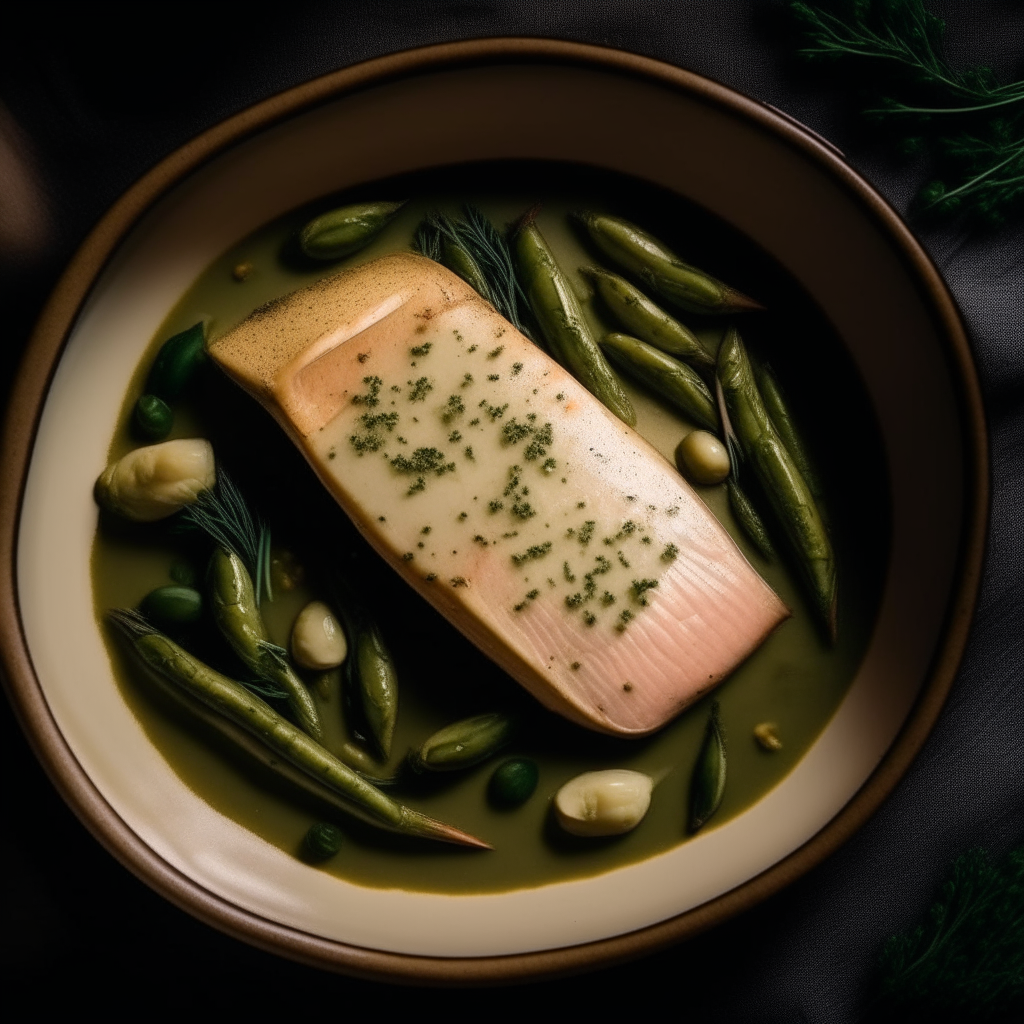 Photo of herbed halibut and green beans in a crock pot, extremely sharp focus, bright studio lighting from above, filling the frame