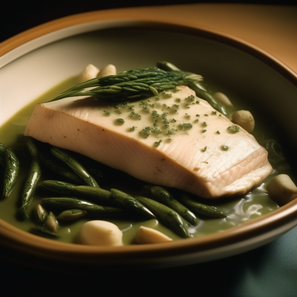 Photo of herbed halibut and green beans in a crock pot, extremely sharp focus, bright studio lighting from the right, filling the frame