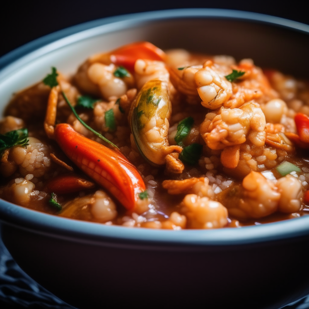 Photo of seafood jambalaya in a crock pot, extremely sharp focus, bright studio lighting from the left, filling the frame