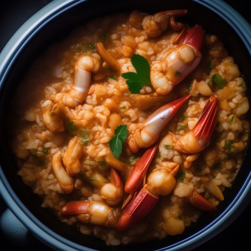 Photo of seafood jambalaya in a crock pot, extremely sharp focus, bright studio lighting from above, filling the frame