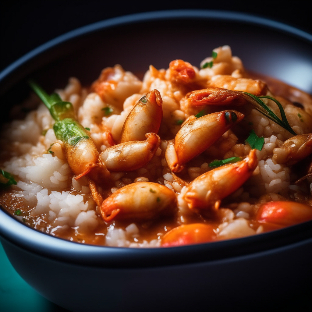 Photo of seafood jambalaya in a crock pot, extremely sharp focus, bright studio lighting from the right, filling the frame