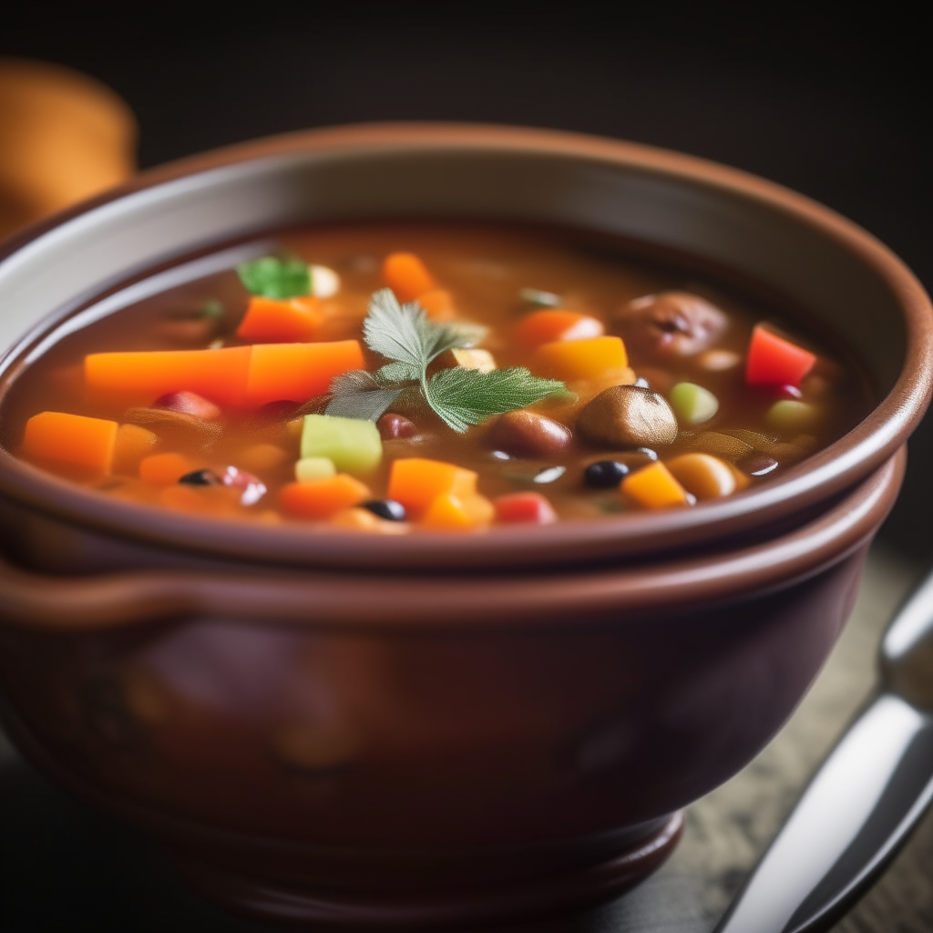 Photo of hearty vegetable and bean soup in a crock pot, extremely sharp focus, bright studio lighting from the left, filling the frame