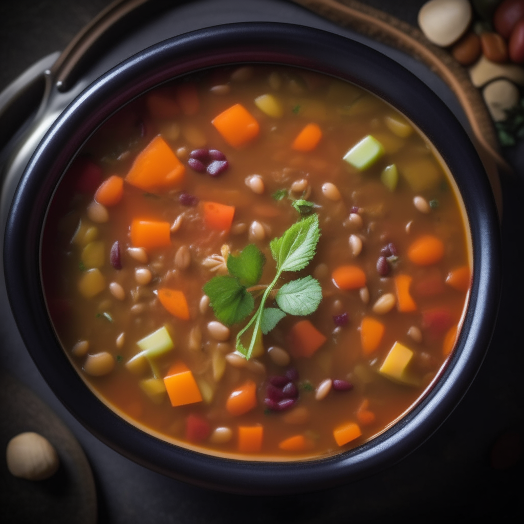 Photo of hearty vegetable and bean soup in a crock pot, extremely sharp focus, bright studio lighting from above, filling the frame