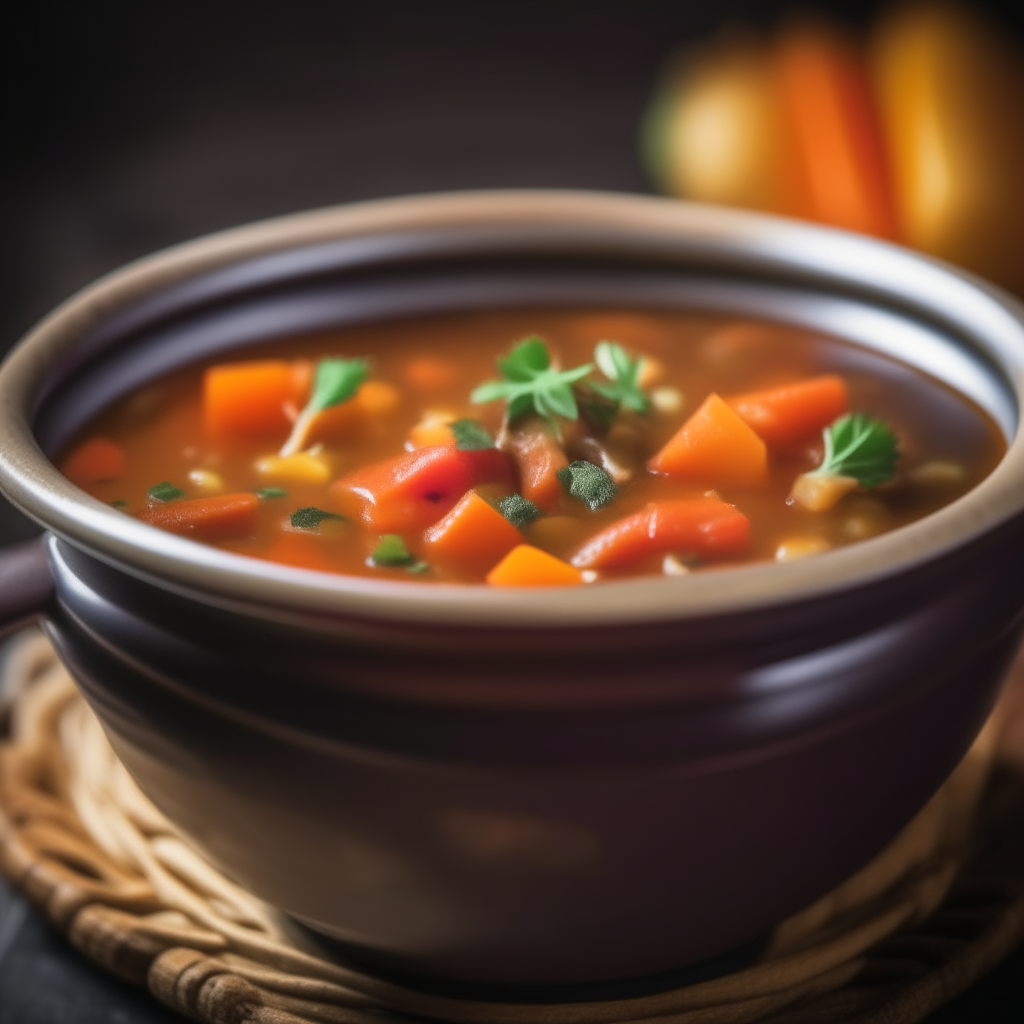 Photo of hearty vegetable and bean soup in a crock pot, extremely sharp focus, bright studio lighting from the right, filling the frame