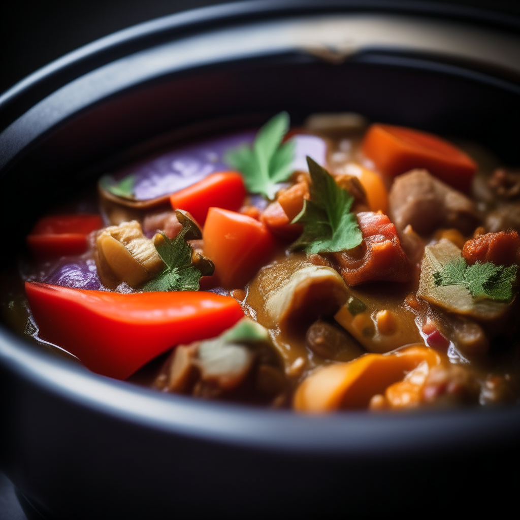 Photo of eggplant and tomato ratatouille in a crock pot, extremely sharp focus, bright studio lighting from the left, filling the frame