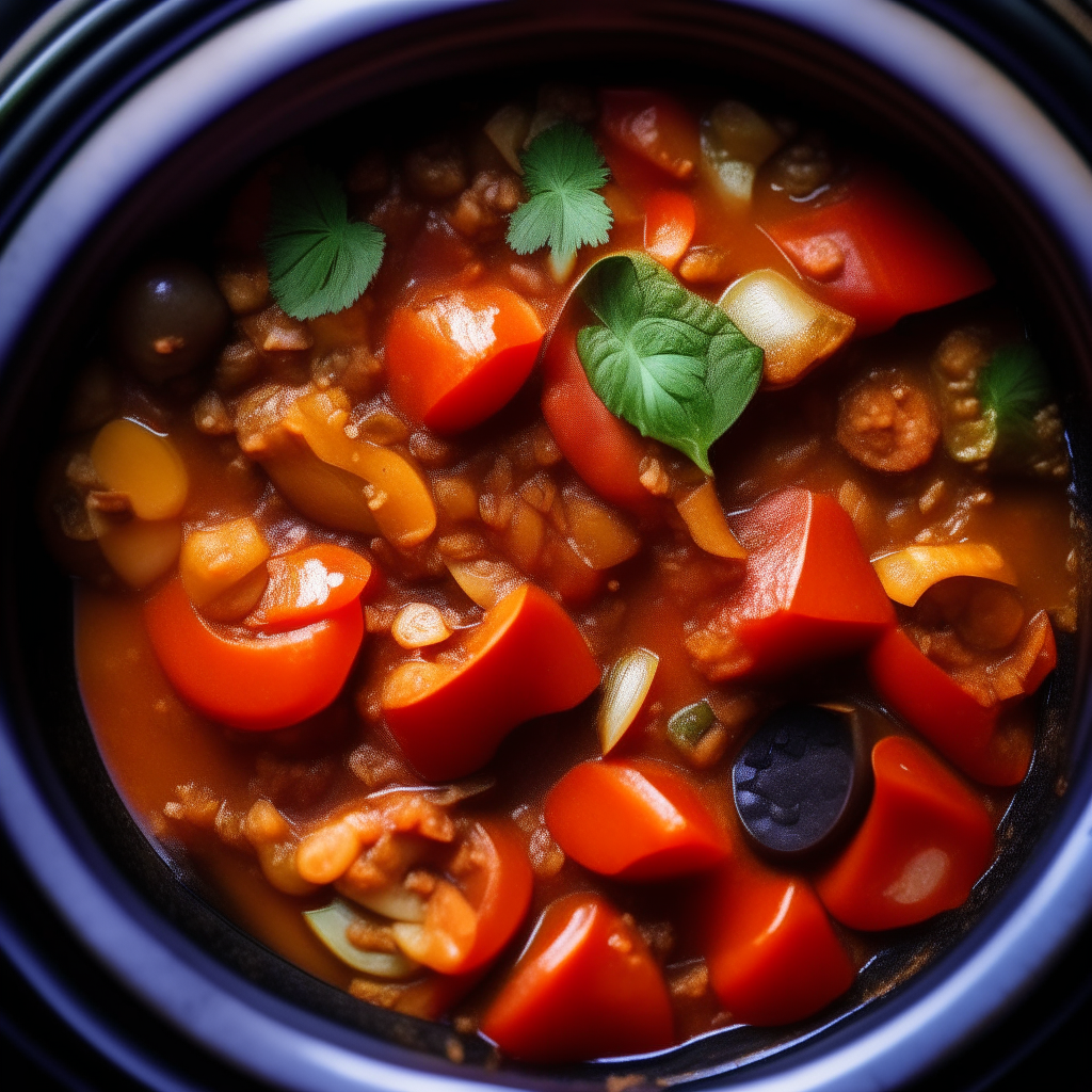 Photo of eggplant and tomato ratatouille in a crock pot, extremely sharp focus, bright studio lighting from above, filling the frame