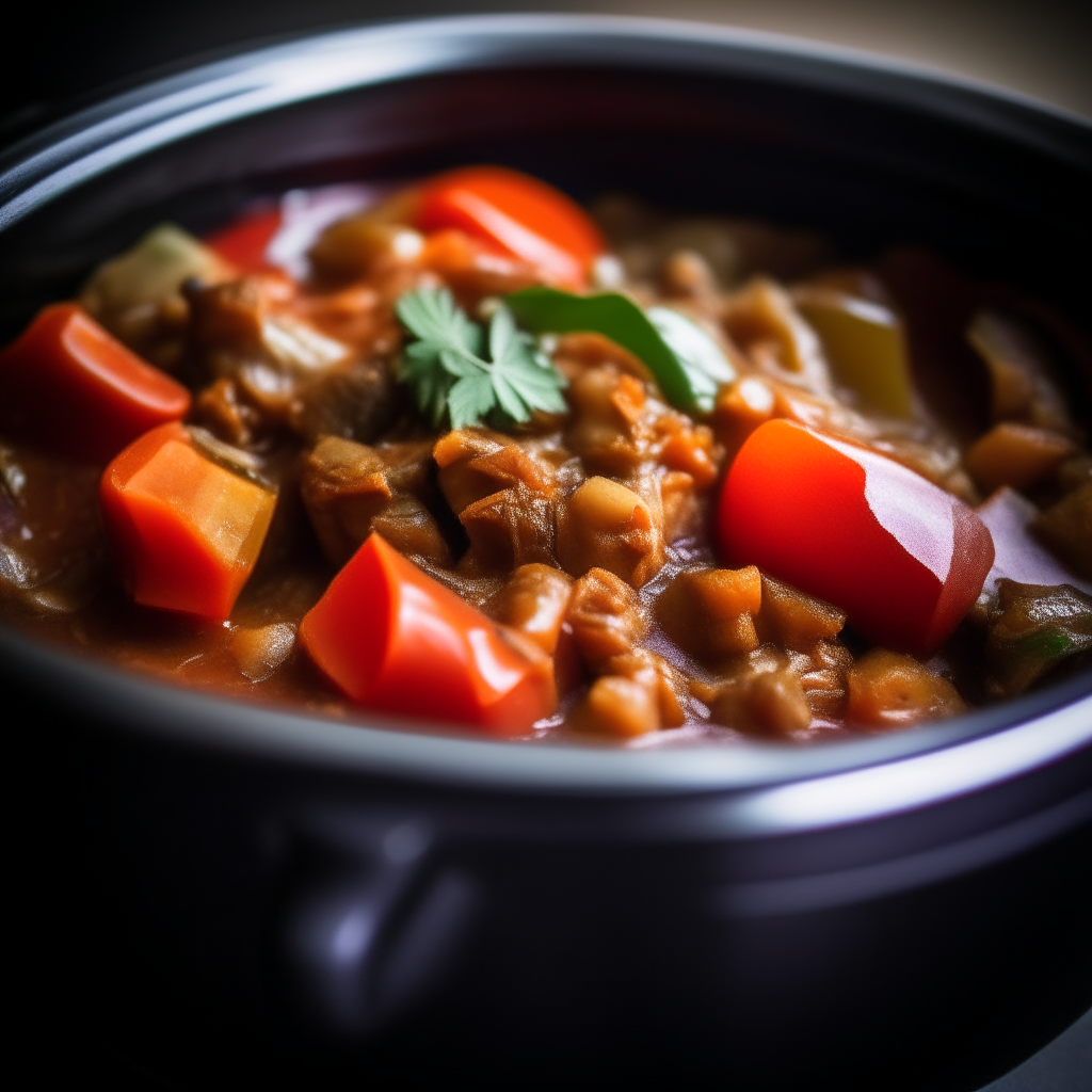 Photo of eggplant and tomato ratatouille in a crock pot, extremely sharp focus, bright studio lighting from the right, filling the frame