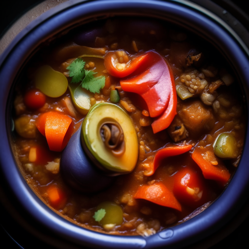 Photo of eggplant and tomato ratatouille in a crock pot, extremely sharp focus, bright studio lighting from above, filling the frame