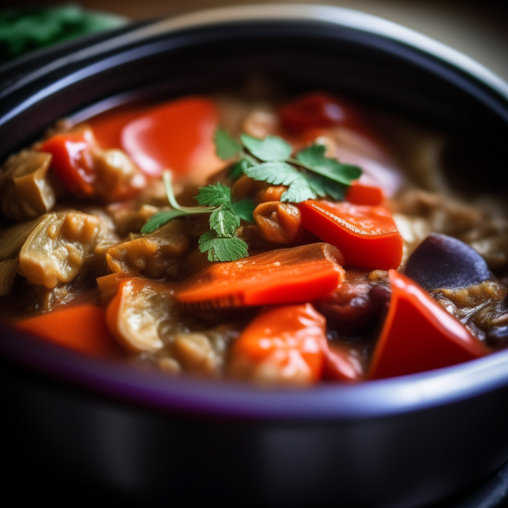 Photo of eggplant and tomato ratatouille in a crock pot, focus on the eggplant, extremely sharp focus, bright studio lighting from the left, filling the frame