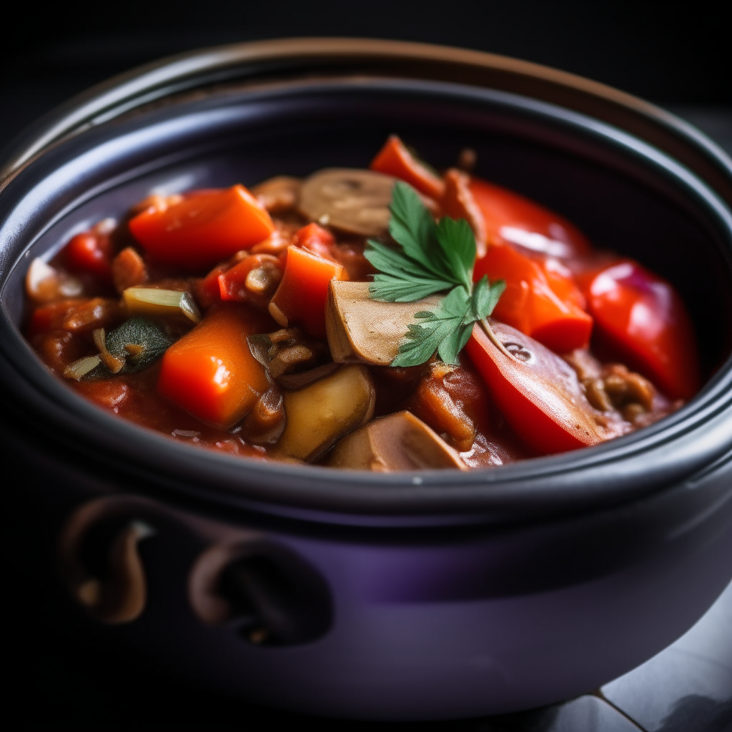 Photo of eggplant and tomato ratatouille in a crock pot, emphasis on the eggplant, extremely sharp focus, bright studio lighting from the right, filling the frame