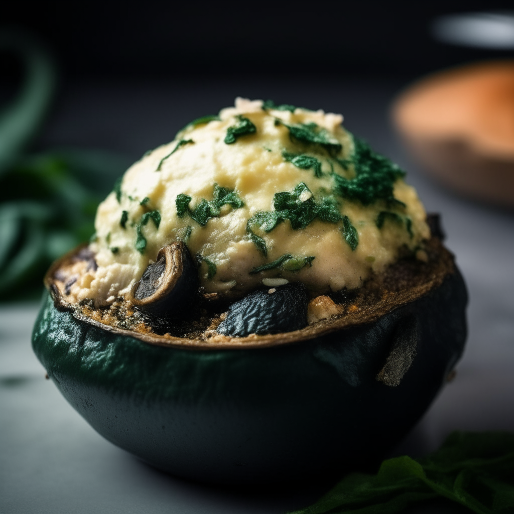 Photo of spinach and feta stuffed portobello mushrooms in a crock pot, extremely sharp focus, bright studio lighting from the left, filling the frame