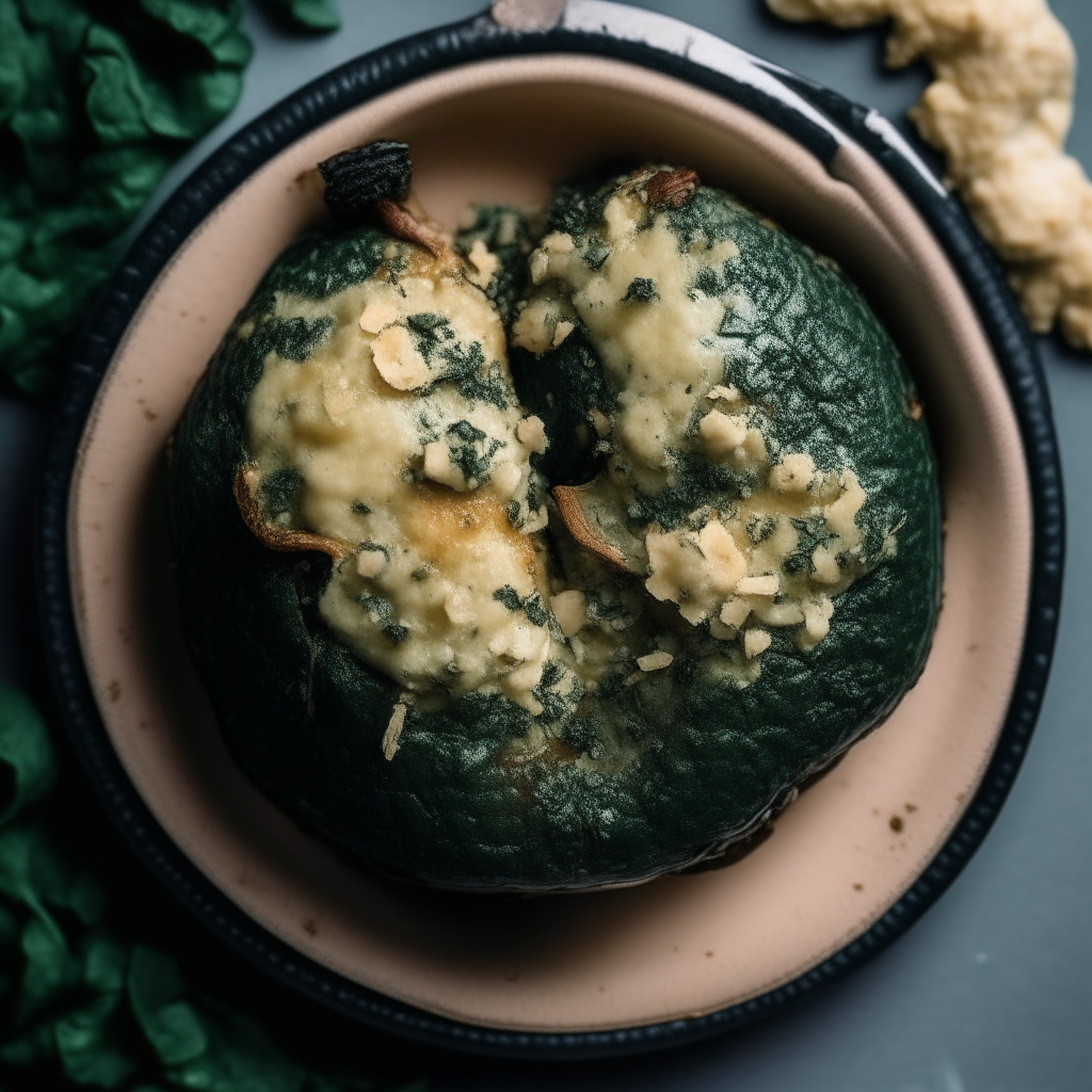 Photo of spinach and feta stuffed portobello mushrooms in a crock pot, extremely sharp focus, bright studio lighting from above, filling the frame