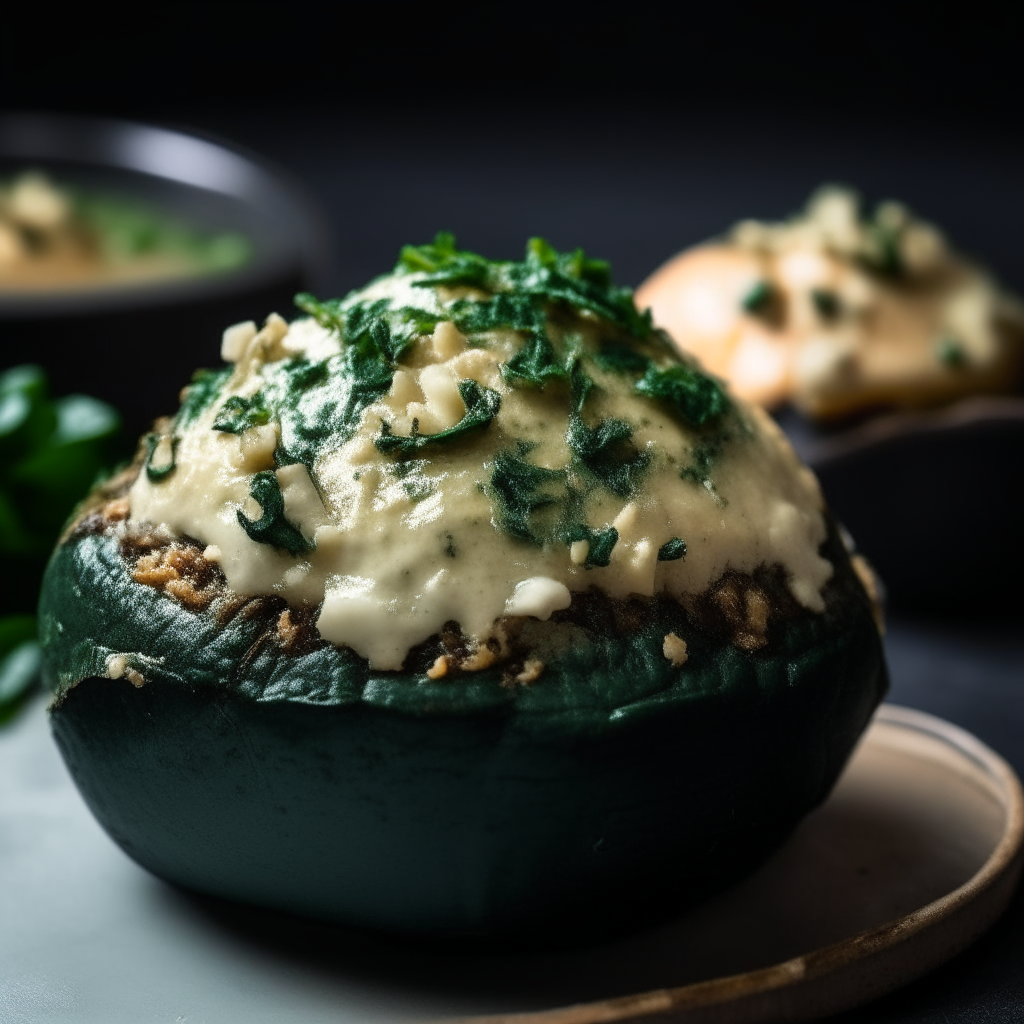 Photo of spinach and feta stuffed portobello mushrooms in a crock pot, extremely sharp focus, bright studio lighting from the right, filling the frame