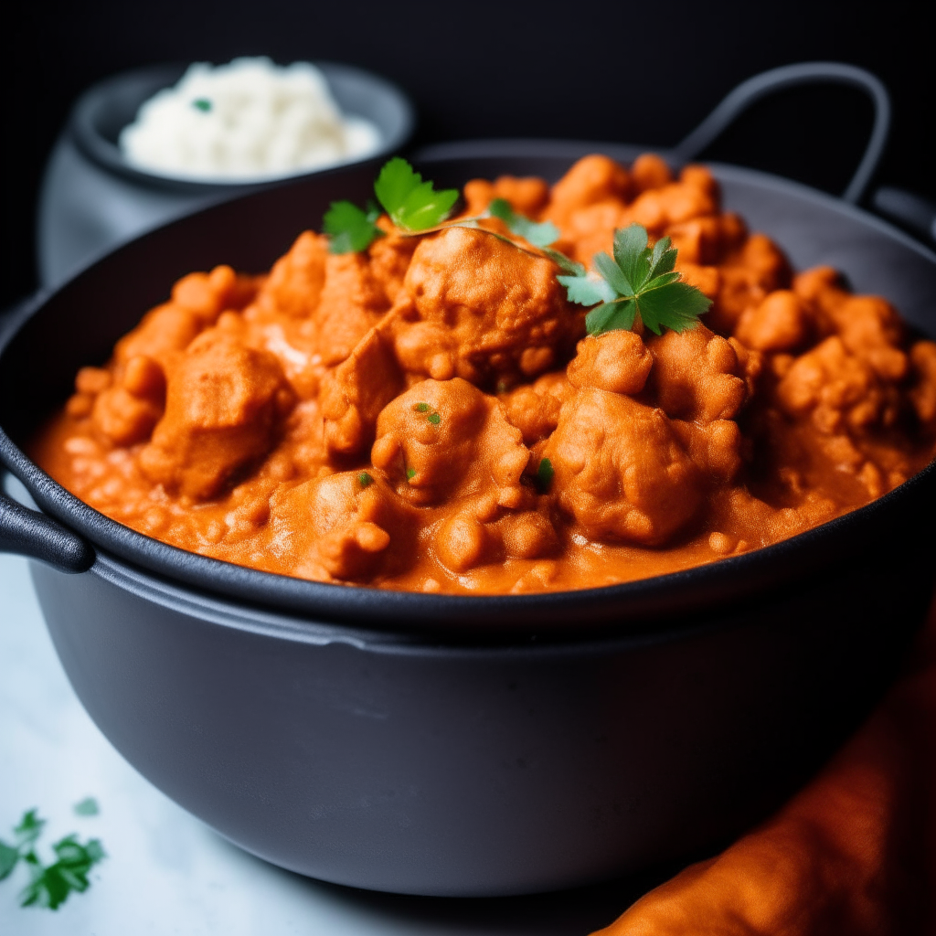 Photo of cauliflower and chickpea tikka masala in a crock pot, extremely sharp focus, bright studio lighting from the left, filling the frame