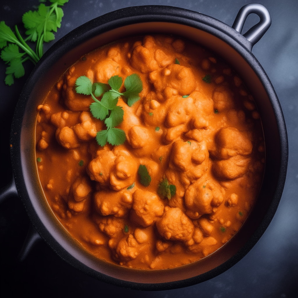 Photo of cauliflower and chickpea tikka masala in a crock pot, extremely sharp focus, bright studio lighting from above, filling the frame