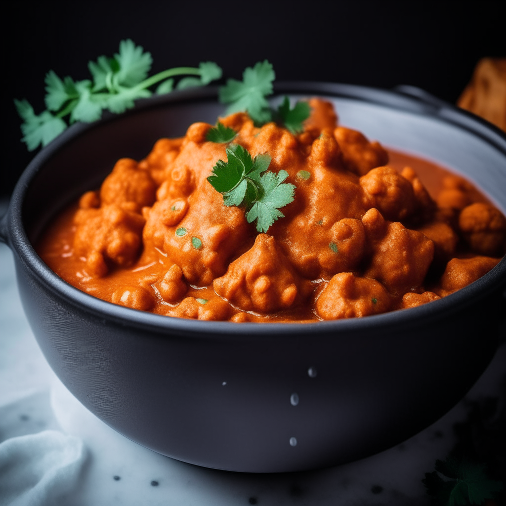 Photo of cauliflower and chickpea tikka masala in a crock pot, extremely sharp focus, bright studio lighting from the right, filling the frame